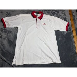 Omega Men's Red White Polo Short Sleeve Logo Vintage Size Large Knit Cotton